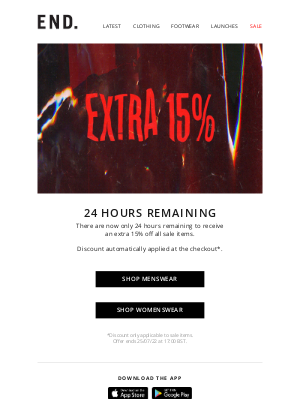 END. - Extra 15% off sale - 24 hours remaining