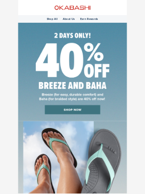 Okabashi Brands - 40% Off Women’s Breeze & Baha Flip Flops!