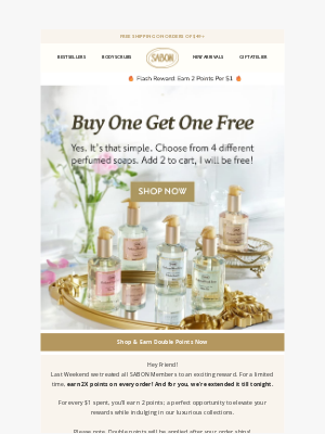 Sabon NYC - Double Pts Ends Tonight! ⏰ PLUS BOGO & Free Gift set