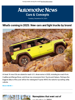 Automotive News - What's coming new in 2025 | Farewell: Cars, light trucks discontinued in 2024 | Ram pushes back EV pickup launch | Kia banks on K4 | Key takeaways after driving the Ineos Grenadier