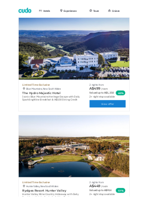 Cudo Australia - Experience Australia's Best: Iconic Blue Mountains Luxury w. Daily Sparkling Wine Breakfast, Rydges Hunter Valley Wine Country Hideaway w. Nightly Cocktails, Wine Tastings & More