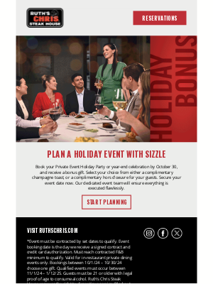 Ruth's Chris - Receive a bonus gift when you book your holiday event early