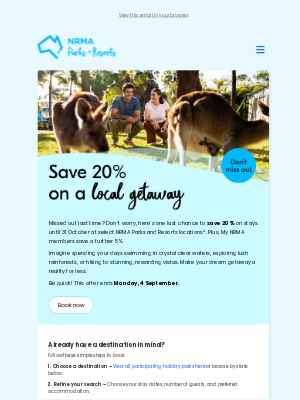 NRMA Parks and Resorts (AU) - Save 20% on stays – back by popular demand