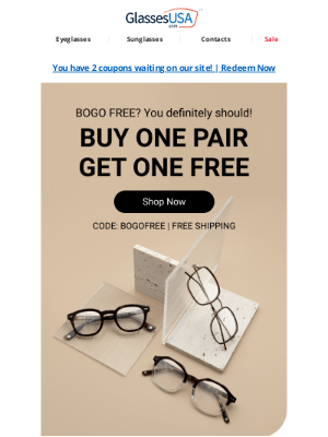 Glasses USA - Your Monday pick-me-up 🎆 BOGO FREE on glasses