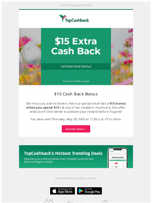 TopCashback - One Last Deal: $15 Cash Back!✨💸