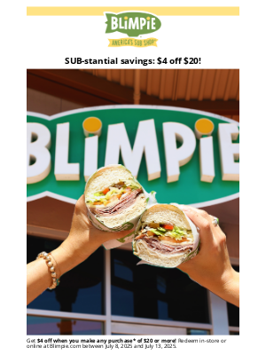 blimpie - Lunch plans? Take $4 off your next order!