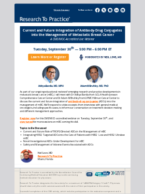 Research To Practice - Tuesday, September 30th at 5PM ET — Webinar on Metastatic Breast Cancer