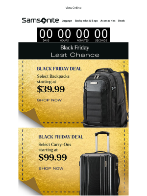Samsonite - Last Chance To Shop Black Friday Deals! Backpacks Starting at $39.99
