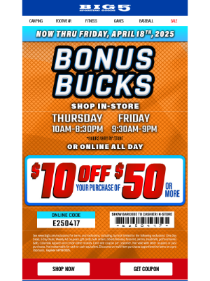 Big 5 Sporting Goods - ✔️ Spring Break BONUS: $10 Off $50 – Act Now!