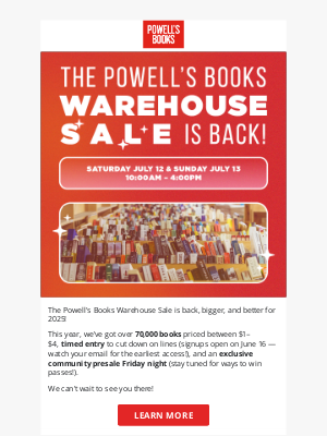 Powell's Books - 🎉 The Powell's Books Warehouse Sale is coming!