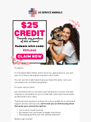 US Service Animals - Apply Your $25 Credit to Your ESA Letter 💌