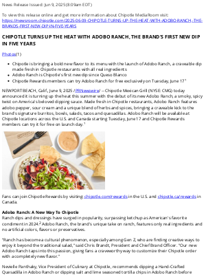 Chipotle Mexican Grill - CHIPOTLE TURNS UP THE HEAT WITH ADOBO RANCH, THE BRAND'S FIRST NEW DIP IN FIVE YEARS