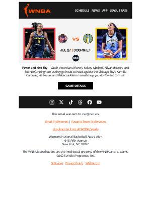 National Basketball Association (NBA) - TODAY 🏀 The Fever vs. the Sky on ABC at 3pm ET