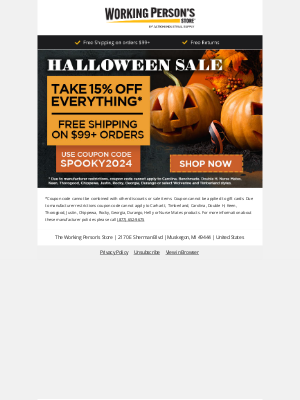 Working Person's Store - Halloween Sale!  Take Up To 15% Everything* + FREE Shipping!