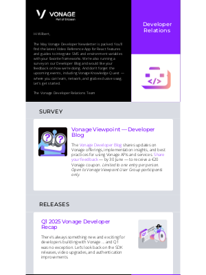 Vonage - 🚀 Vonage Developer Newsletter, May 2025: New releases, tutorials, and more