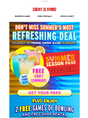 Bowlero - LIMITED TIME: Sip On A Free Craft Lemonade With The Purchase Of A Premium Summer Season Pass 🍋