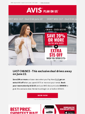 Avis Car Rental - 📢 ENDS SOON: Save 20% Off Pay Now Rates + Extra $15 Off Rentals of $175+