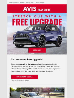 Avis Car Rental - STILL TIME: Level up with a Free Upgrade – including SUVs!