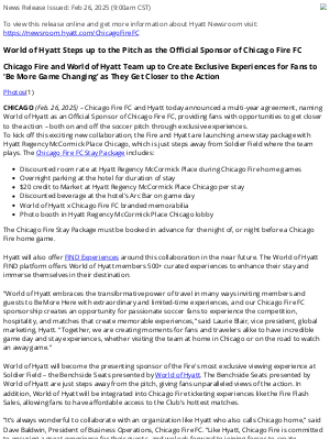 Hyatt Hotels - World of Hyatt Steps up to the Pitch as the Official Sponsor of Chicago Fire FC