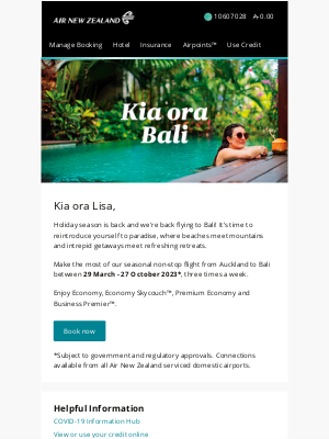 Air New Zealand - Lisa, non-stop flights to Bali are back