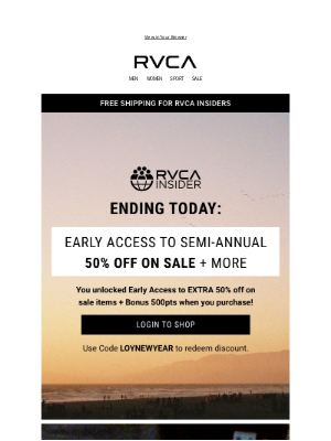 RVCA - LAST DAY For Insiders Early Access To 50% Off Sale