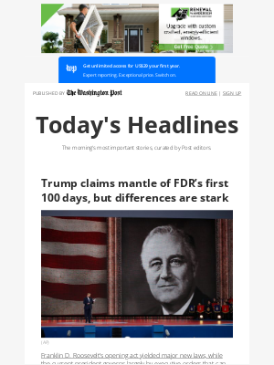 Washington Post - Monday’s Headlines: Trump claims mantle of FDR’s first 100 days, but differences are stark