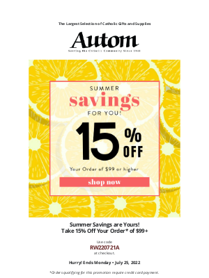 Autom - 🔥 SAVE 15 (Percent) on Your Order Ends Monday!