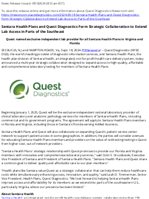 Quest Diagnostics - Sentara Health Plans and Quest Diagnostics Form Strategic Collaboration to Extend Lab Access in Parts of the Southeast