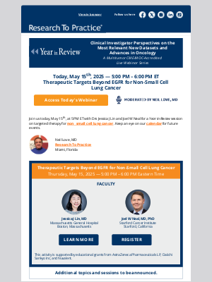 Research To Practice - Today at 5 PM ET — Register now for a Year in Review session on targeted therapy for non-small cell lung cancer