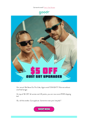 RUN goodr - $5 OFF All Sunnies + FREE Shipping!