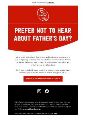 Brewers Fayre (United Kingdom) - Prefer not to receive Father's Day emails?