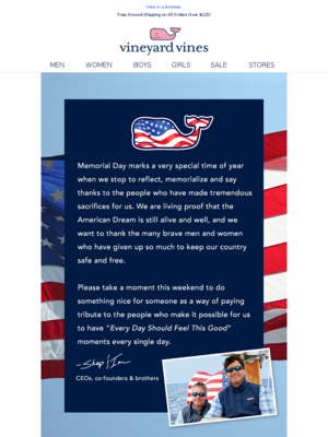 Memorial day email example from Vineyard Vines