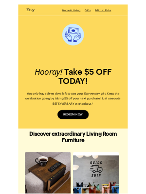 Etsy - REMINDER: You've got $5 off!