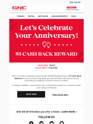 GNC - Here’s a $5 Cash Back Reward for your anniversary! 🎉