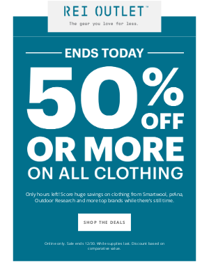 REI - LAST DAY: 50% off or more on ALL clothing ➡️