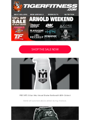 Tiger Fitness - Arnold Classic '25 Weekend Sale Starts Now 15% OFF, Free Vessel Bottle, and Crossbody Bag!