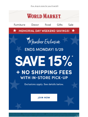 World Market - HUGE Memorial Day Weekend savings