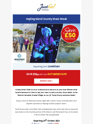 Just Go! Holidays (United Kingdom) - Howdy! SAVE £50pp on Warner Hayling Island Country Music Break