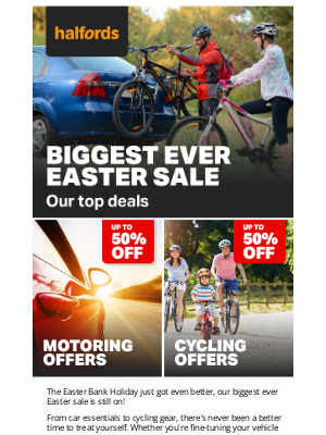 Halfords (United Kingdom) - 🐣 Bank Holiday loading… Up to 50% off!