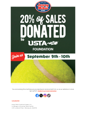 Jersey Mikes - This Weekend 9/9-9/10 20% of Sales Donated to USTA Foundation