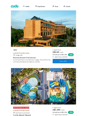 Cudo (Australia) - Just Launched! Grand Opening: Canggu Retreat w. Daily Breakfast | Last Chance! Family-Friendly Gold Coast Apartments w. Unlimited Dreamworld Entry | Two-Hour Sightseeing Buffet Lunch Cruise