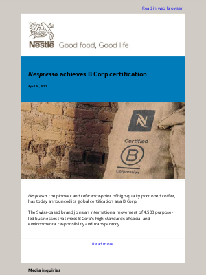 Nestle - Nespresso achieves B Corp certification