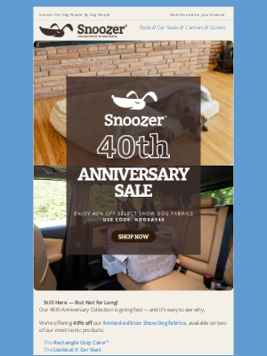 Snoozer Pet Products - Celebrating 40 Years — With 40% Off Our Best Sellers!