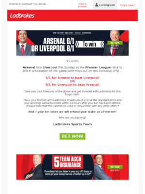 Ladbrokes - £10 on Arsenal to win returns £70