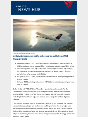 Delta Air Lines - Delta Air Lines announces December quarter and full year 2021 financial results