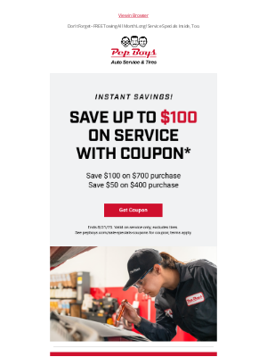 Pep Boys - JUST DROPPED! Save up to $100 on Service 🤑