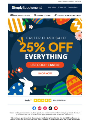 Simply Supplements (United Kingdom) - FLASH SALE: 25% OFF EVERYTHING 🐇