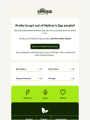 Ethique - Opt Out of Mother's Day Emails