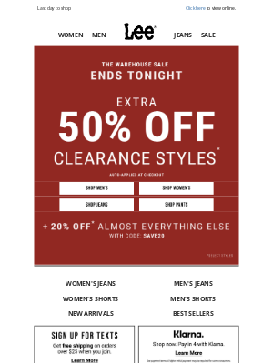 Lee Jeans - Ends Tonight: Extra 50% Off ALL Clearance