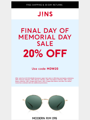 JINS - Final Chance: Save 20% Today!